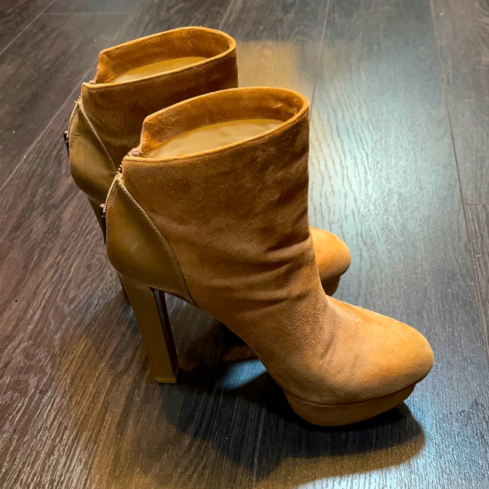 Beige suede high heeled booties